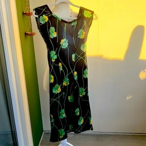 Vintage 60s 70s Groovy Floral Black and Green Bodycon Dress